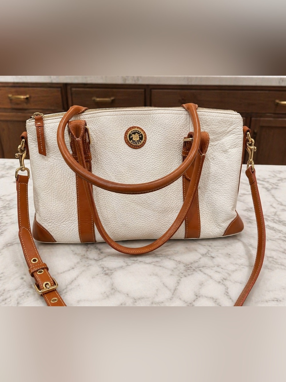 Dooney & Bourke White Pebbled Leather & British tan leather trim Domed Satchel